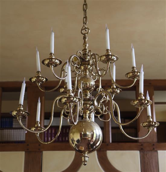 A late 19th century Dutch brass twelve light chandelier, length 39in.